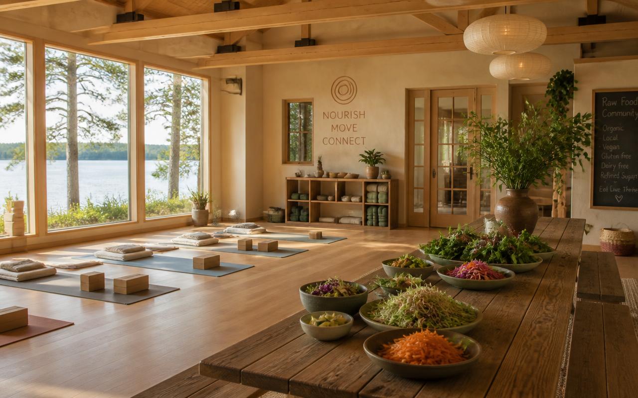 Sunlit community center interior with yoga mats and a communal table of raw vegan food overlooking a lake